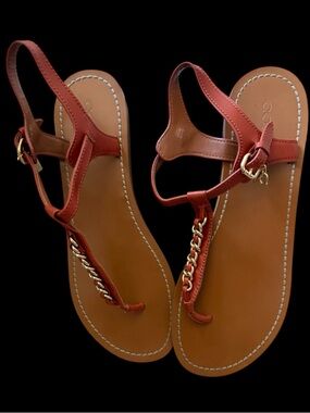 Coach Rusty Brown leather thong sandal with gold chain detail  
size 9